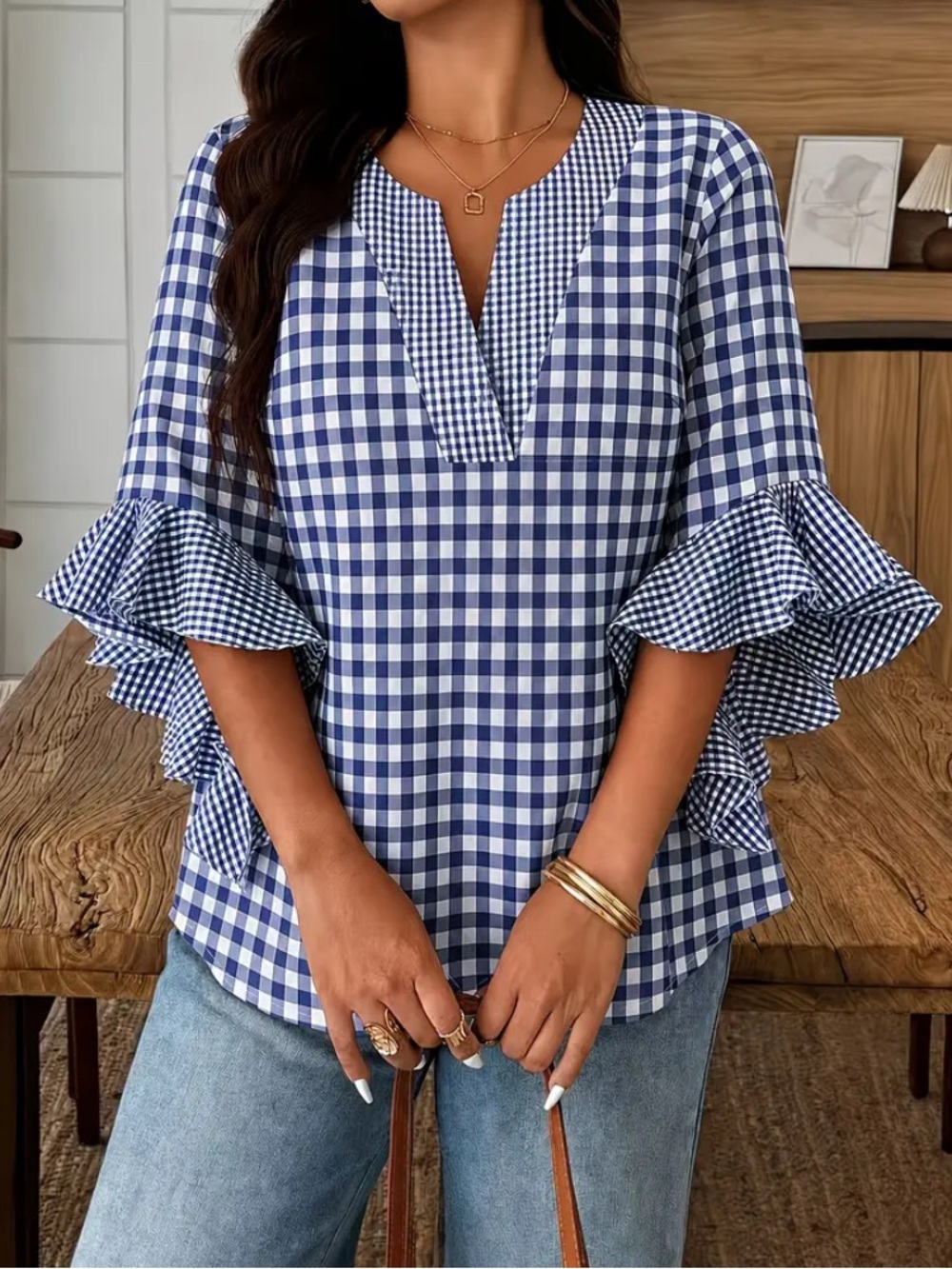 Blue Gingham Ruffle Sleeve V-Neck Top